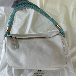 Kate Spade white leather Bag with Blue rope Handle, gold hardware
